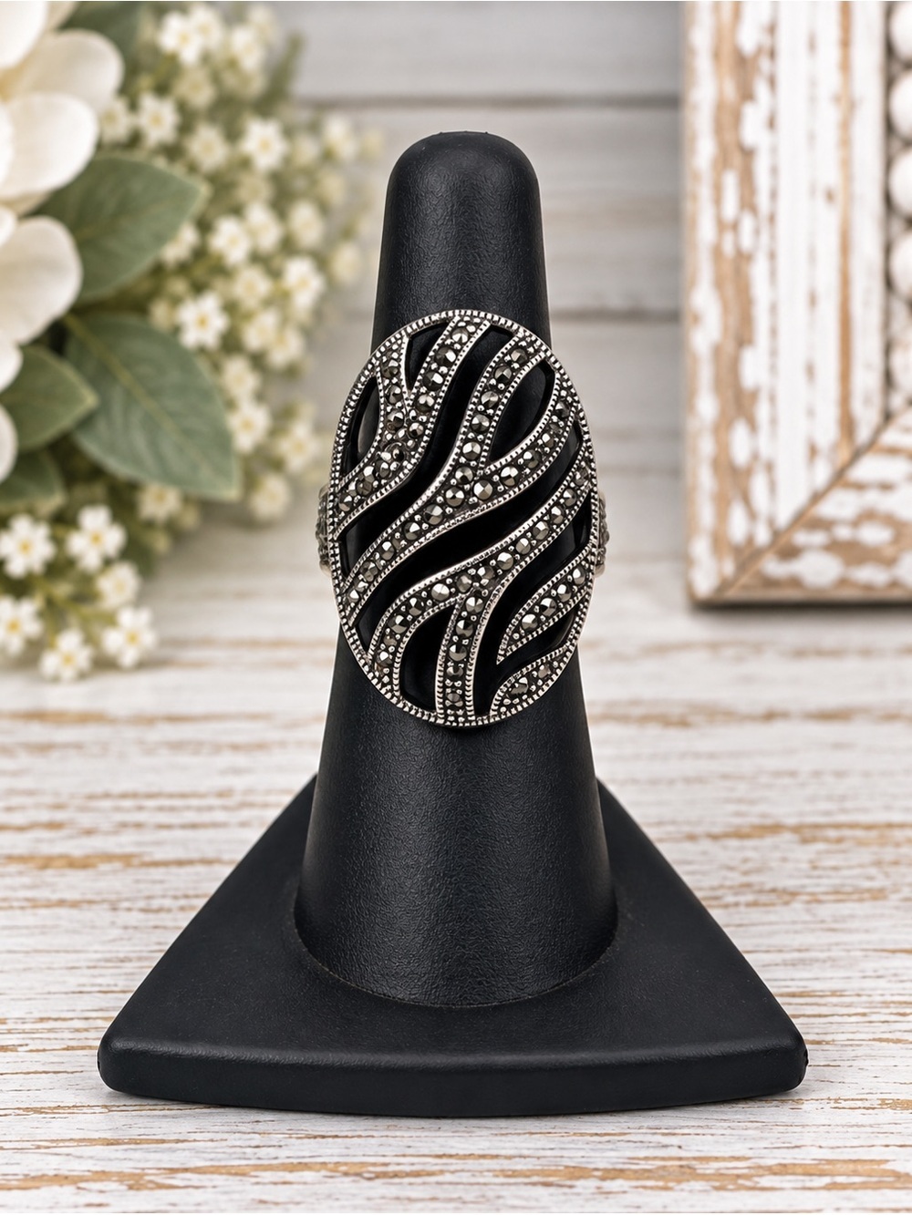 Judith Jack Onyx Marcasite Sterling Silver Cocktail Statement Ring